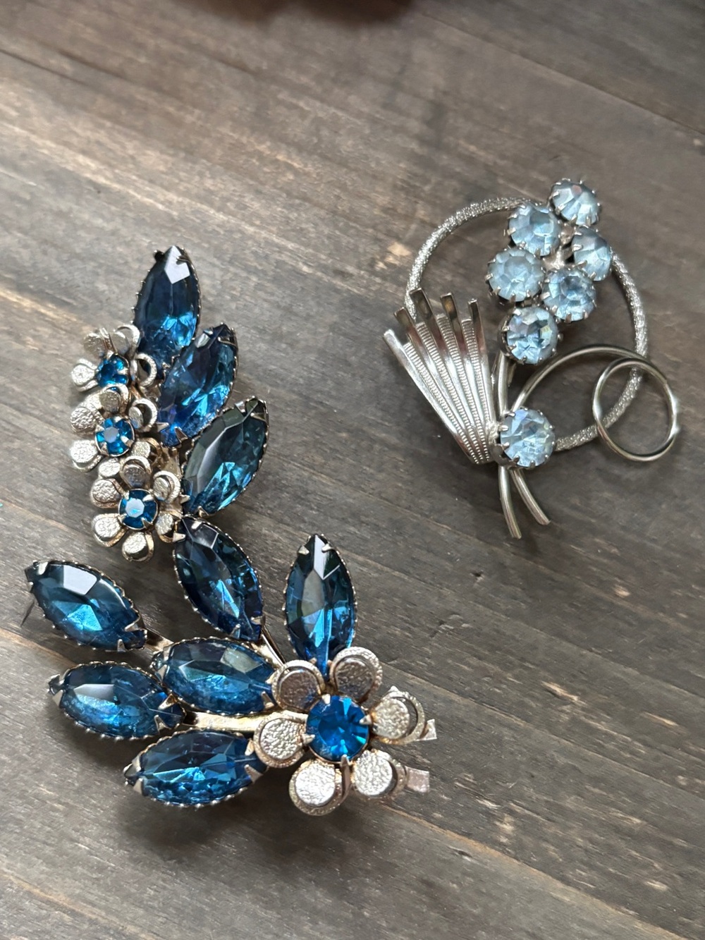 2 Vintage Blue and Silver Rhinestone Brooches